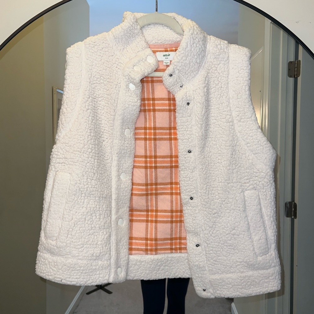 aerie White Sherpa Vest with Orange Plaid Lining